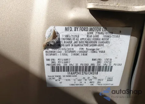 2007 Ford Five Hundred Sel from USA, damaged, VIN 1FAHP24127G134318